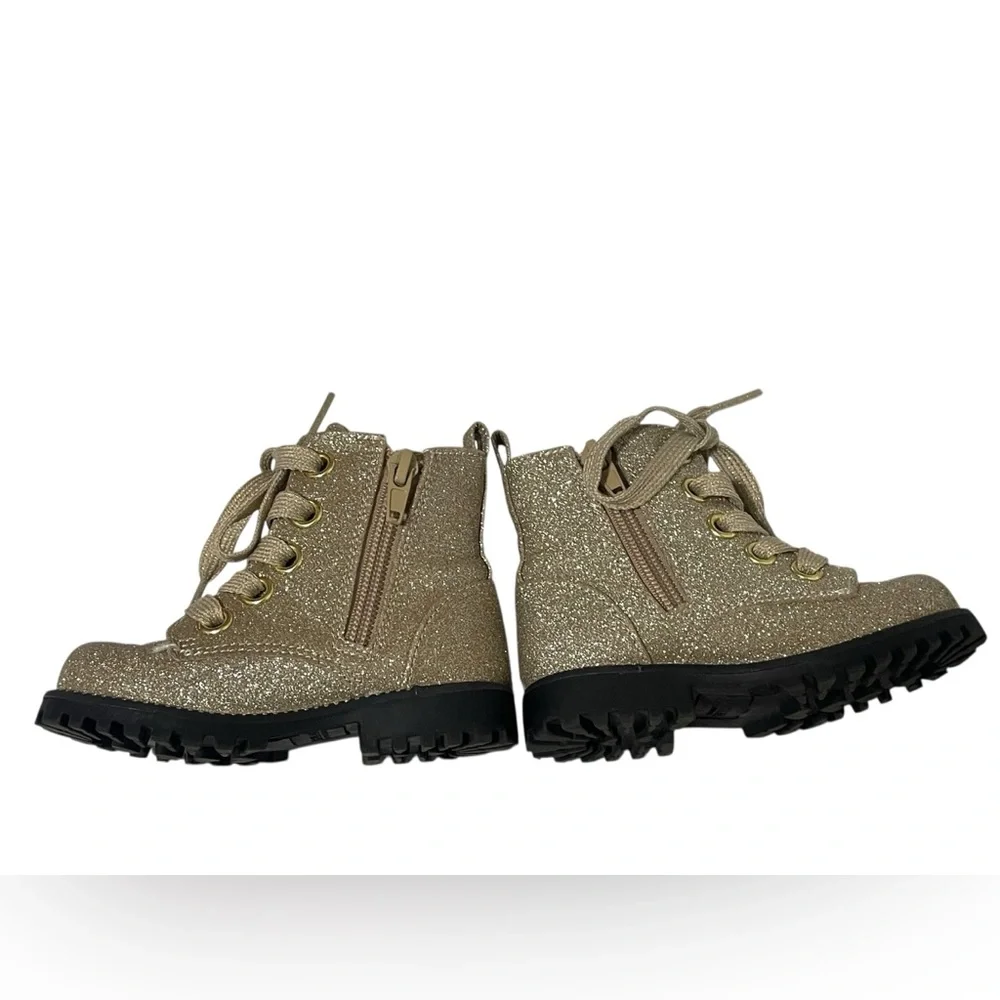 Rachel Zoe Boots 6 Toddler Glitter Combat Side Zip Lug Sole Girls Gold Lace Up‎
